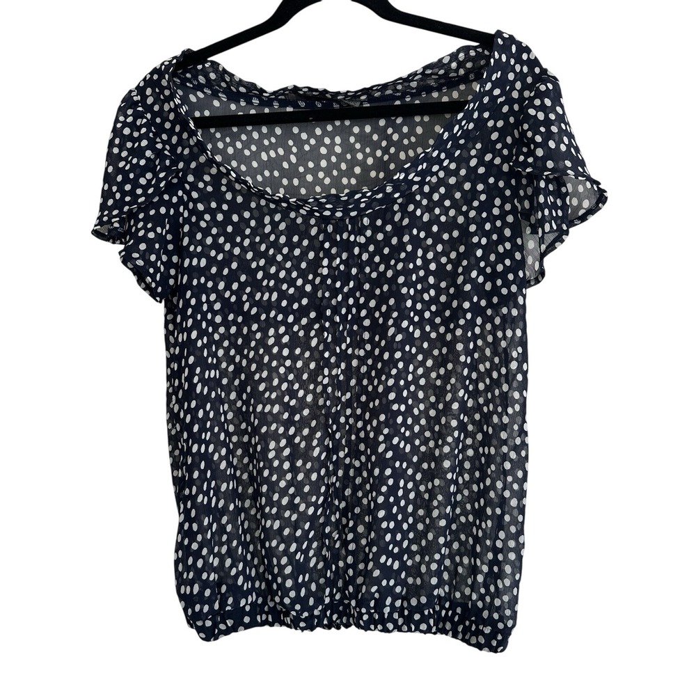 Zara Basic Women's L Sheer Top‎ Navy White Polkadot Short Flutter Sleeve